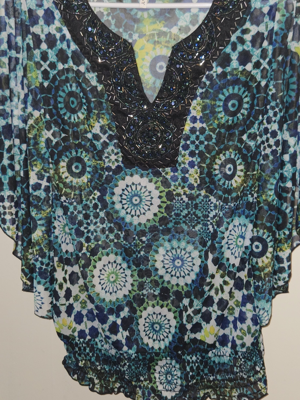 Studio Y Beaded V-Neck Mosaic Tunic in Teal, Blue & Green